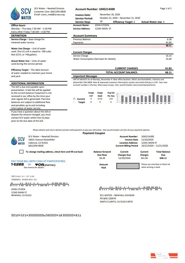 USA California Santa Clarita SCV Water utility bill template in Word and PDF format